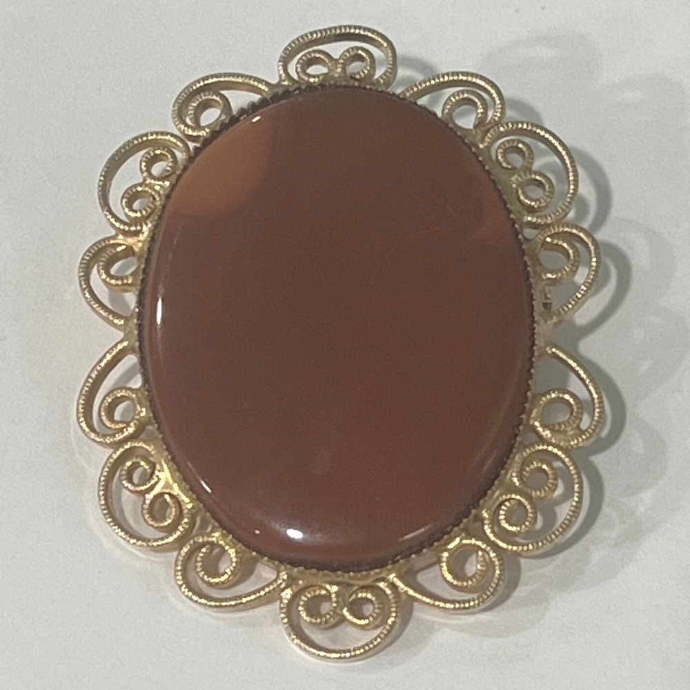Vintage Brown Glass Stone Pendant Brooch Gold Tone Open Scroll Frame
